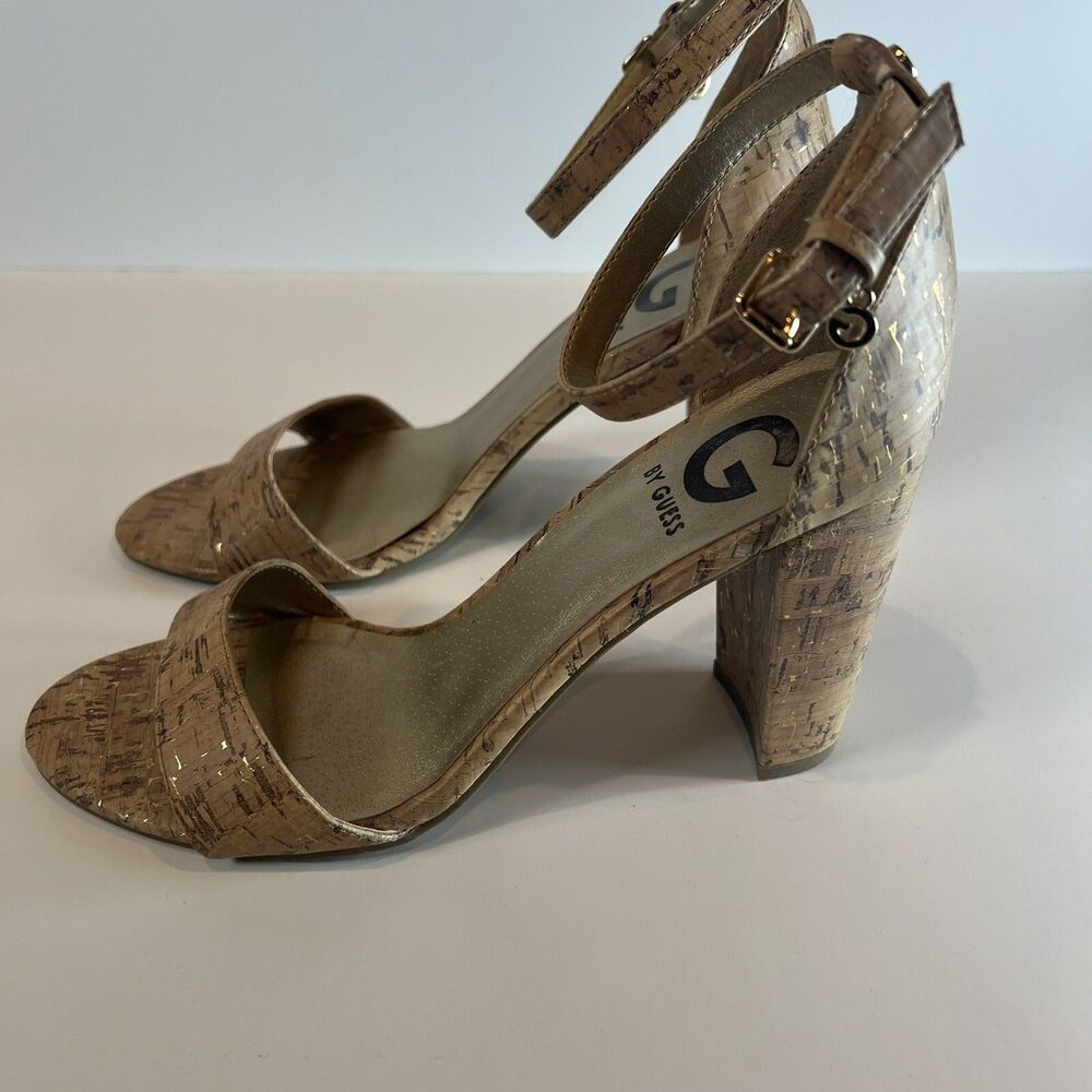 Guess Shantel3 Ankle Strap Block Heel Sandals, Tan Cork w/Gold US 7.5